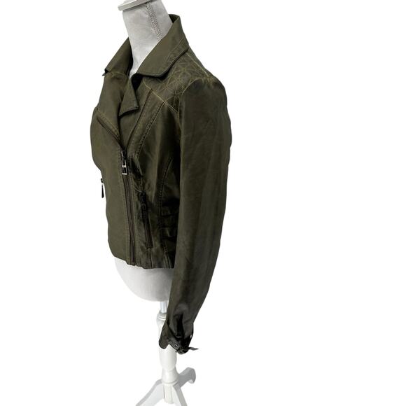 Blanc Noir Green Faux Leather Zip Front Moto Jacket Medium - Picture 2 of 7